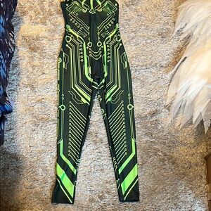 Futuristic Green and Black Jumpsuit with Geometric Patterns
